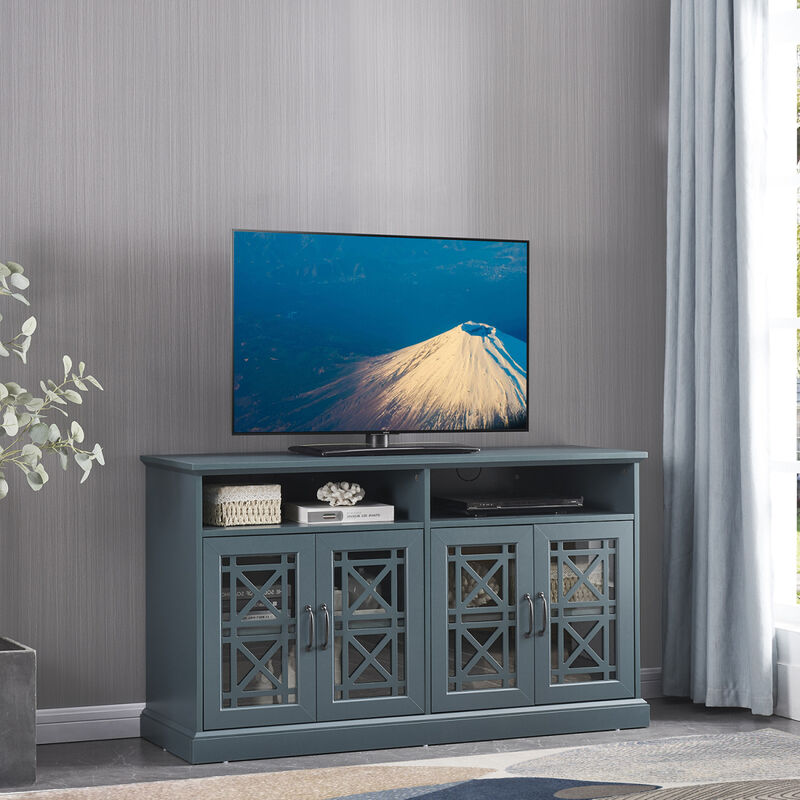 53" Wooden TV Console, Storage Buffet Cabinet, Sideboard with Glass Door and Adjustable Shelves, Console Table for Dining Living Room Cupboard, Dark Teal
