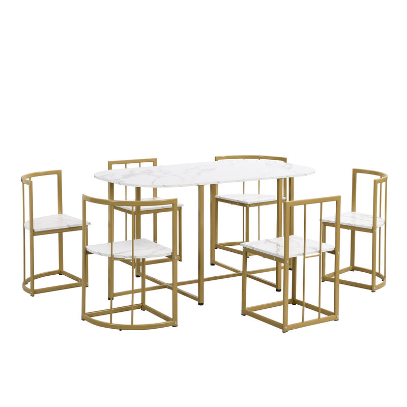 Modern 7-Piece Dining Table Set With Faux Marble Compact 5 5" Kitchen Table Set For 6, Gold