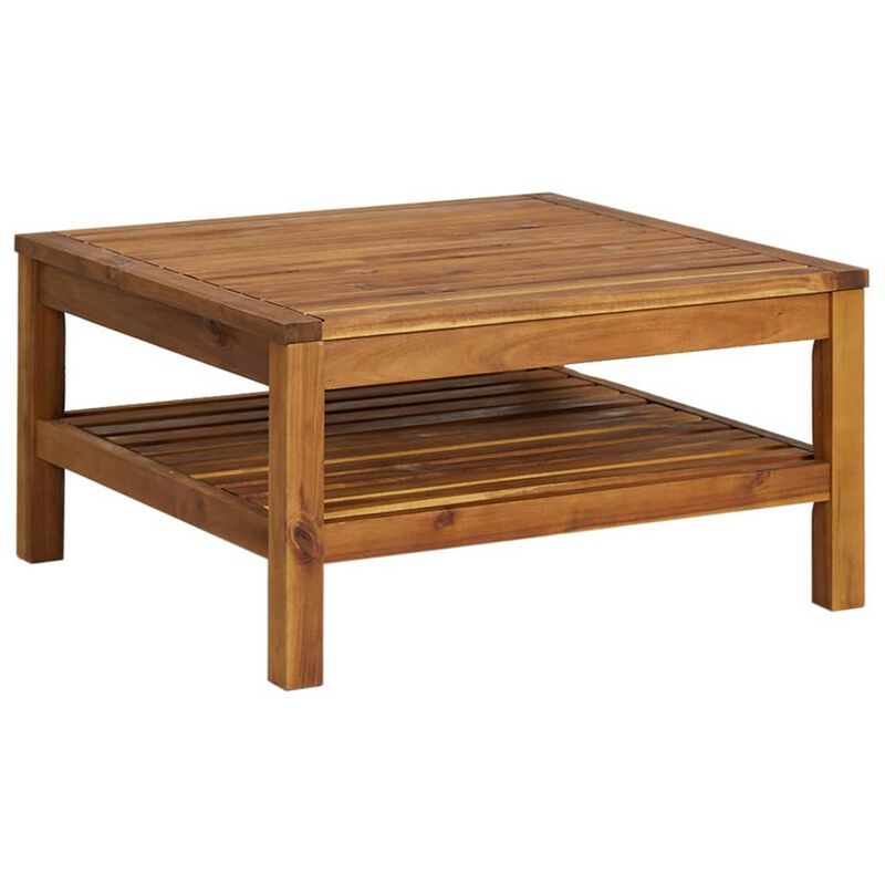 2pc Outdoor Patio Sofa and Table Set, Ivory Cushion, Brown Acacia Wood - Benzara