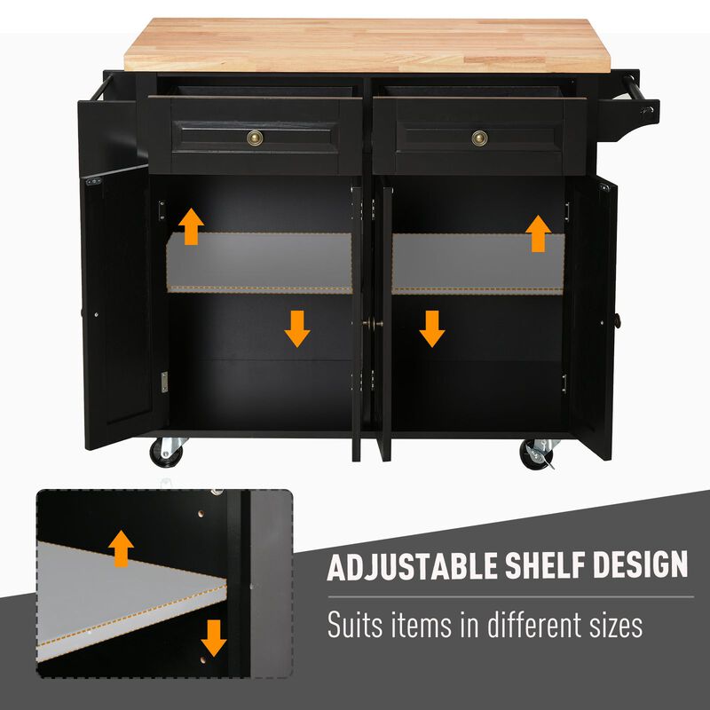 Black Kitchen Island: Cart with Varnished Rubberwood Top and Casters