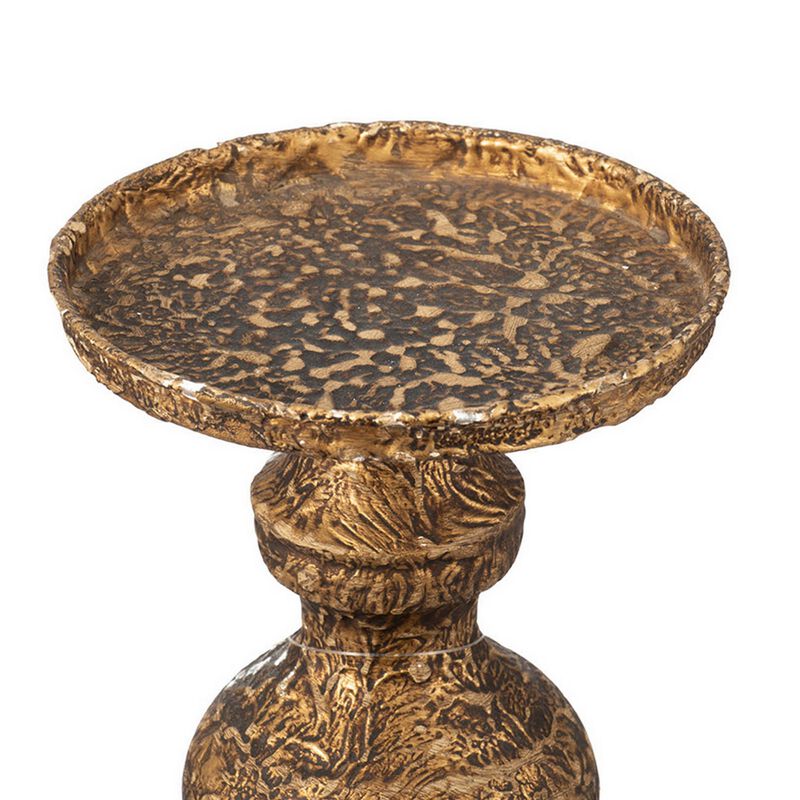 Mia 24 Inch Pillar Candle Holder, Antique Brass Metal, Turned Pedestal - Benzara
