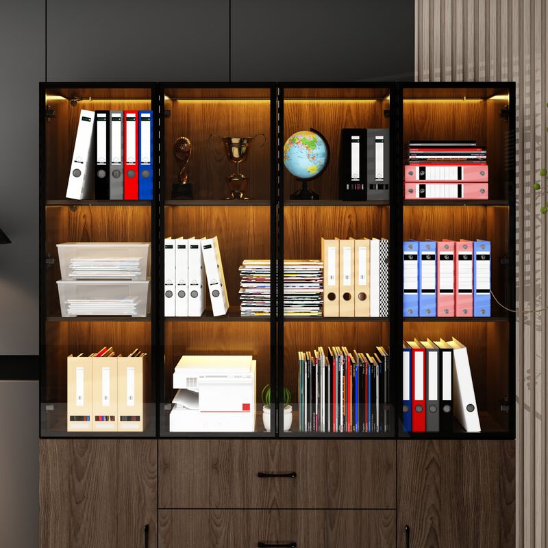 Brown Wood 63 in. W Display Cabinet With Pop up Tempered Glass Doors, 3-Color LED Lights, Drawers, Adjustable Shelves