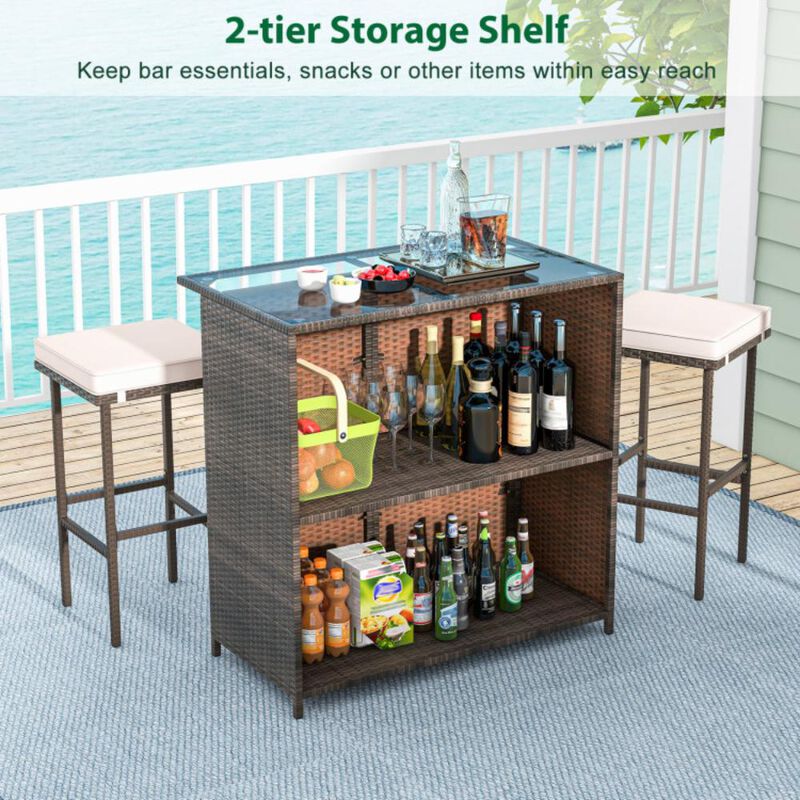 Hivvago 3 Pcs Patio Bar Set with Tempered Glass Tabletop