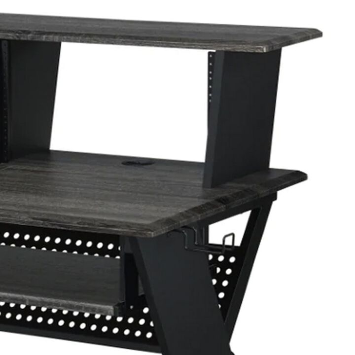 Tin 47 Inch Wood Music Desk Studio Station, Keyboard Tray, Shelves, Gray-Benzara