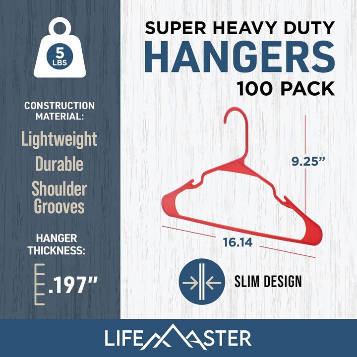 Plastic Clothes Hangers – Heavy Duty Hanger Set, for Organizing Clothes, Dresses, and Coat, Holds Up to 5 lbs, Space-Saving Hangers with Non-Slip Shoulder Grooves, Pack of 100, Red