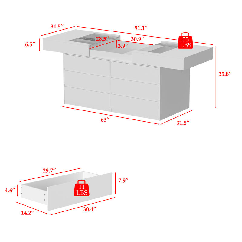 FUFU&GAGA 91.1" Modern Dresser and Vanity Combo with Spacious Storage Drawers, (91.1" W x 31.5" D x 35.8" H),White