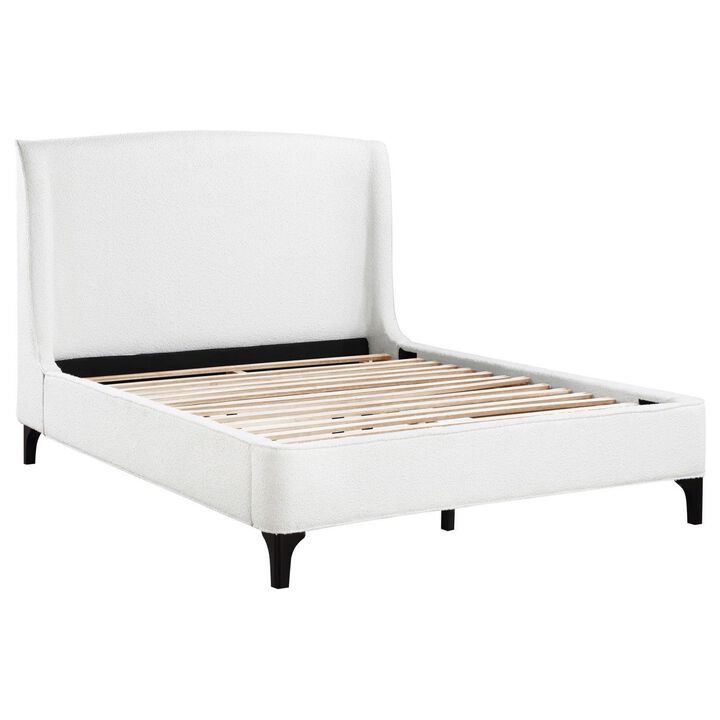 Benjara Mabe King Size Bed, Wingback Curved Headboard, White Fabric Upholstery