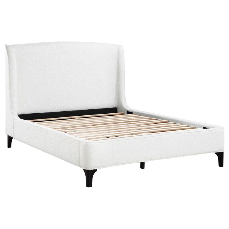 Benjara Mabe King Size Bed, Wingback Curved Headboard, White Fabric Upholstery