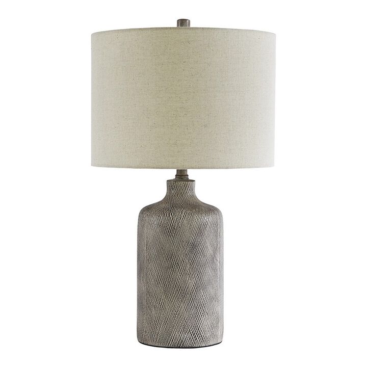 Textured Ceramic Frame Table Lamp with Fabric Shade, Gray and Off White-Benzara