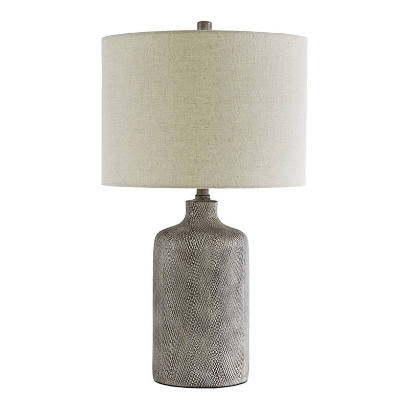 Textured Ceramic Frame Table Lamp with Fabric Shade, Gray and Off White-Benzara