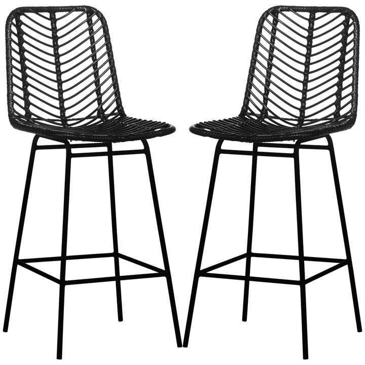 Black Rattan Barstools: Set of 2, Counter Height, Steel Legs Black Rattan Barstools: Set of 2, Counter Height, Steel Legs