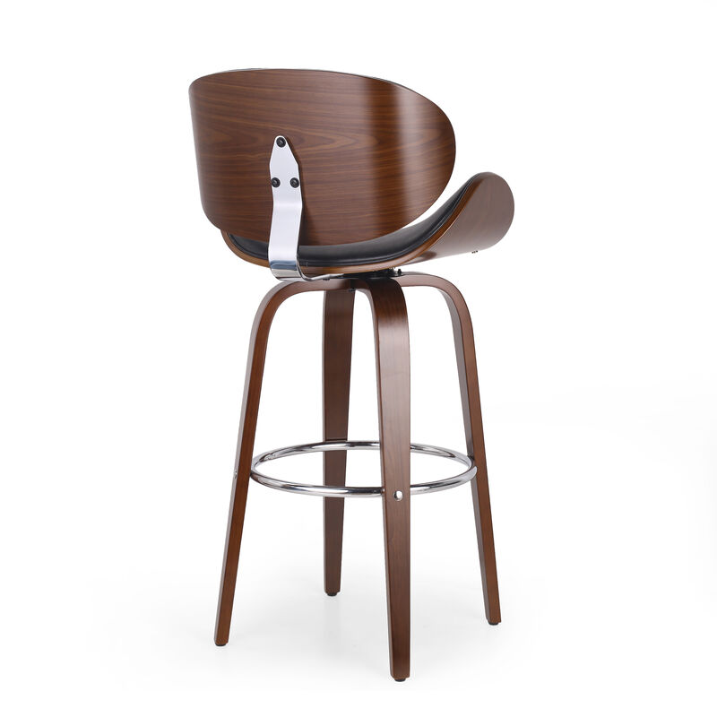 Zaine Swivel Barstool Chair, Walnut Veneer, Black Faux Leather - Benzara