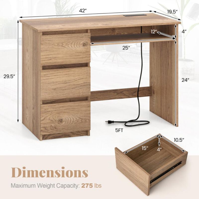 Hivvago Computer Desk with Power Outlet Keyboard Tray and 3 Large Drawers