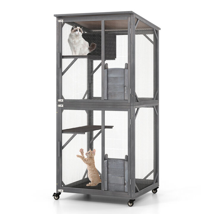 72 Inch TallWooden Cat House with Weatherproof Asphalt Roof-Grey
