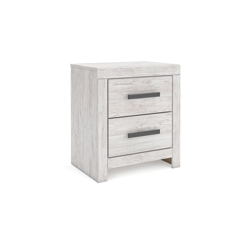 Cany Nightstand, 2 Drawers with Black Handles, Vintage Whitewash - Benzara