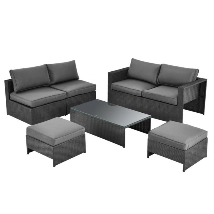 Hivvago 6 Pieces Patio Rattan Furniture Set with Glass Table and Cushioned Seat-Gray