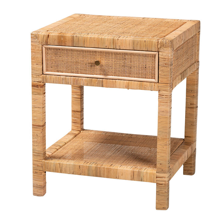 Bali & Pari Bohemian Natural Rattan And Mahogany Wood 1-Drawer Nightstand