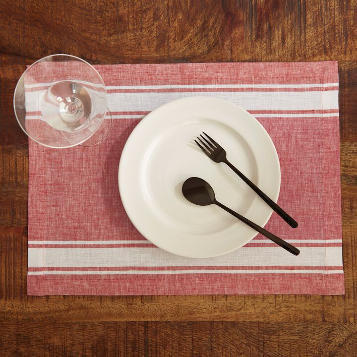 Solino Home 100% Pure Linen Stripe Placemats 14 x 19 Inch Set of 4 | Farmhouse Stripe