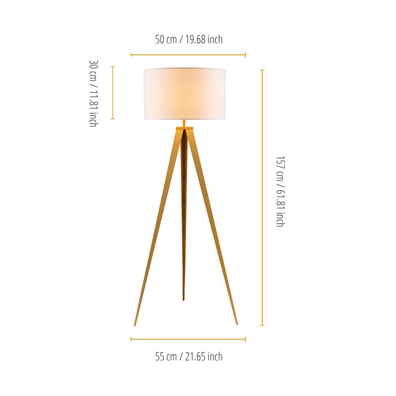 Teamson Home Romanza 62" Postmodern Tripod Floor Lamp with Drum Shade, Matte Gold/White