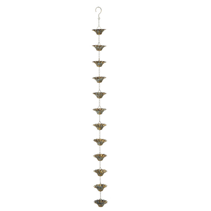 Set of 2 Brown and Teal Rustic Patina Flower Iron Rain Chains 57.5"