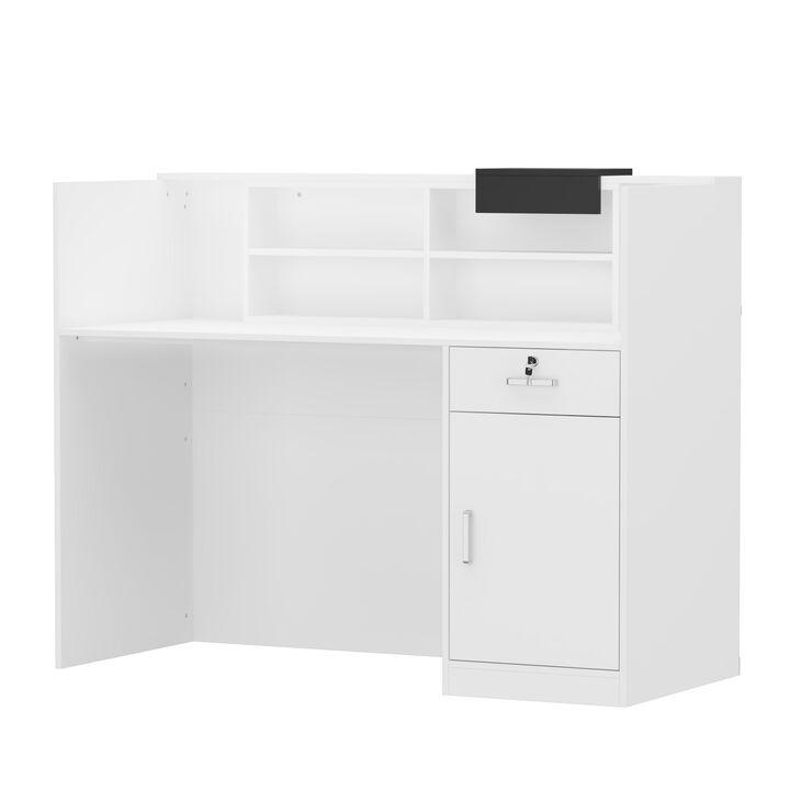 Rectangular White Wooden Computer Desk, Writing Desk with Drawer, 4-Tiler Adjustable Shelves, 55.1 in. W-23.6 in.D