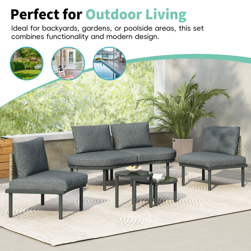 Merax Half Moon Outdoor Sectional Sofa with 2 Coffee Tables