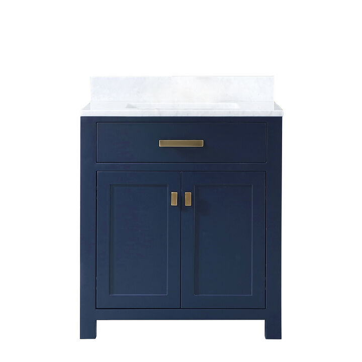 Madison 30 In. Single Sink Carrara White Marble Countertop Bath Vanity In Monarch Blue with Satin Gold Hardware