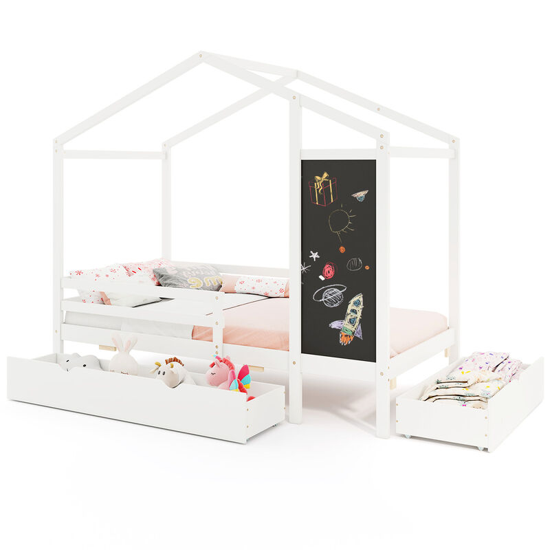 Kids Bed with 2 Drawers Solid Wood Bed with Blackboard