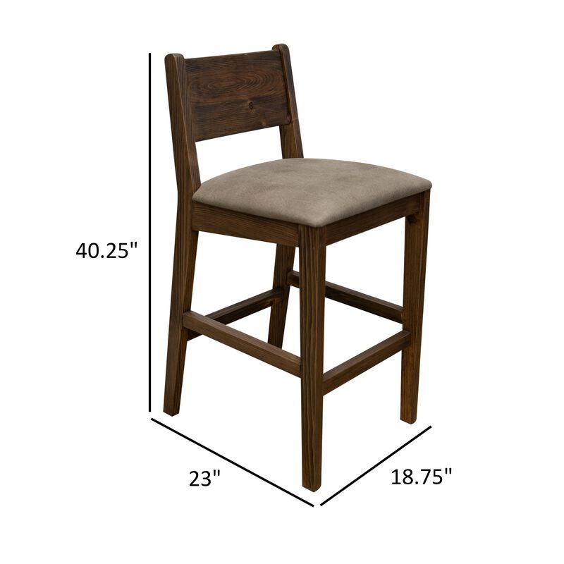 Loe 30 Inch Barstool Set of 2, Panel Back, Gray, Brown Solid Pine Wood