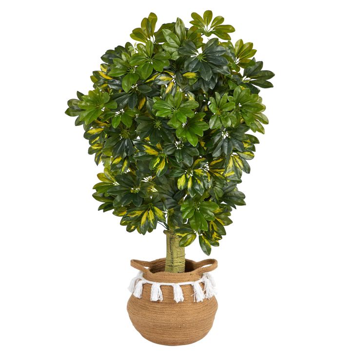 Nearly Natural 4-ft Schefflera Artificial Tree in Boho Chic Handmade Natural Cotton Woven Planter with Tassels (Real Touch)