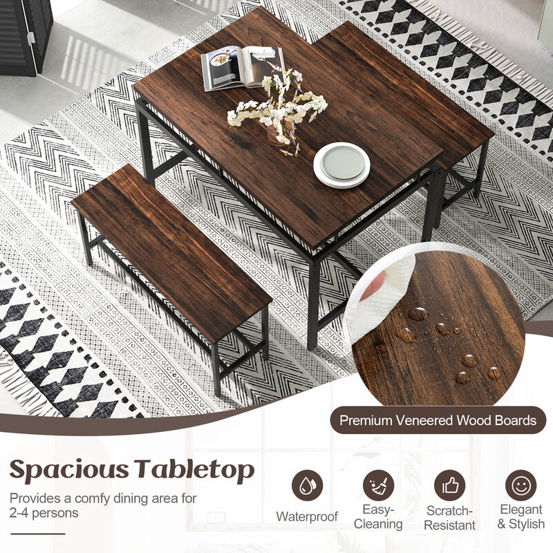 3 Pieces Dining Table Set with Wooden Kitchen Table and 2 Benches