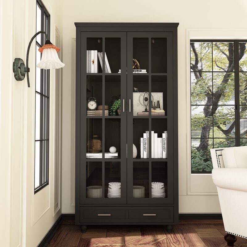 FUFU&GAGA Black Bookcase with Storage & Drawers, P2 MDF & Tempered Glass Construction (70.9" H x 36.2" W x 14.6" D), Black