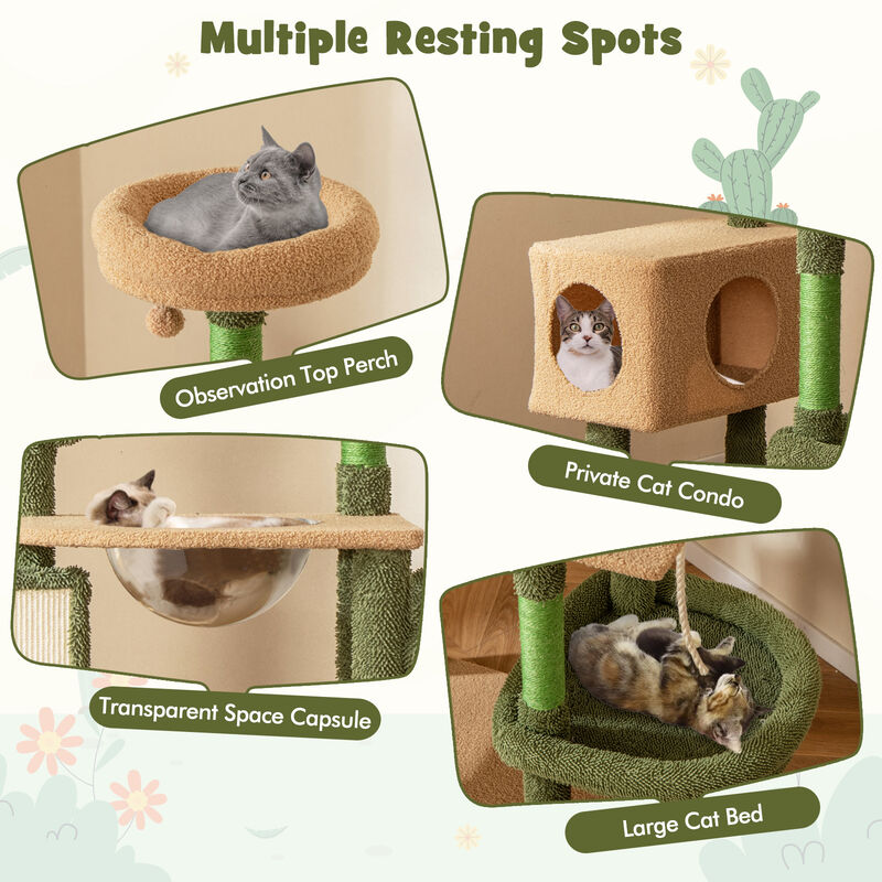 59-Inch Multilevel Cactus Cat Tree with Scratching Posts, Cando Toy, and Rope for Cats