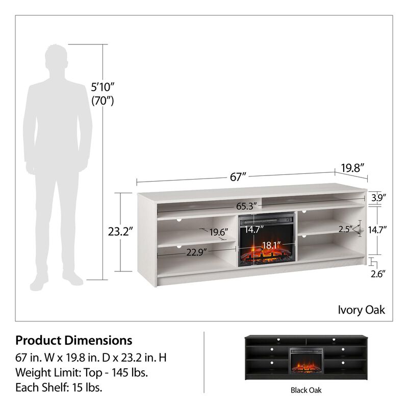 REALROOMS Hickory Hill 75" TV Stand with Electric Fireplace Space Heater and 6 Shelves