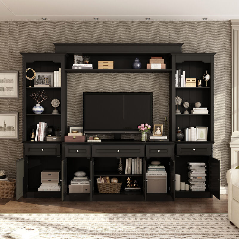 FUFU&GAGA Modern Black TV Stand with 7 Storage Compartments, P2 MDF, Black Finish (104.3" W x 82.3" H x 17.4" D), Black