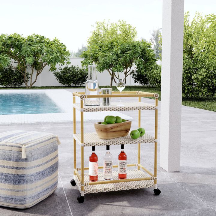 Butler Specialty Tobias Outdoor Rattan and Metal 3- Tier Rattan Bar Cart, Beige and White