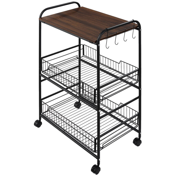 24" 3-Tier Utility Kitchen Cart Rolling Serving Trolley w/ 2 Storage Shelves