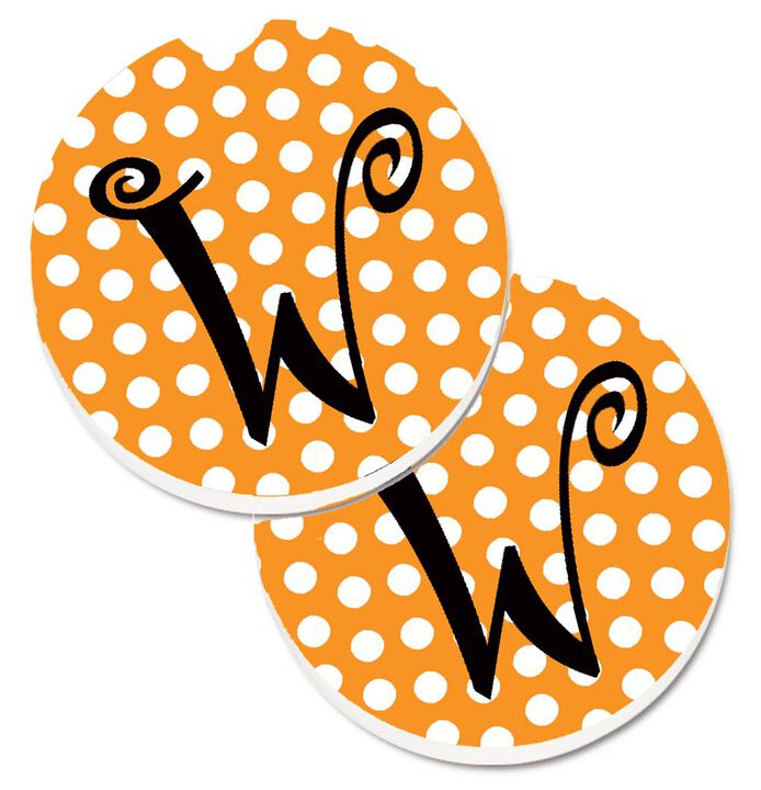 Caroline's Treasures Monogram Initial W Orange Polkadots Set of 2 Cup Holder Car Coasters CJ1033-WCARC, 2.56, Multicolor