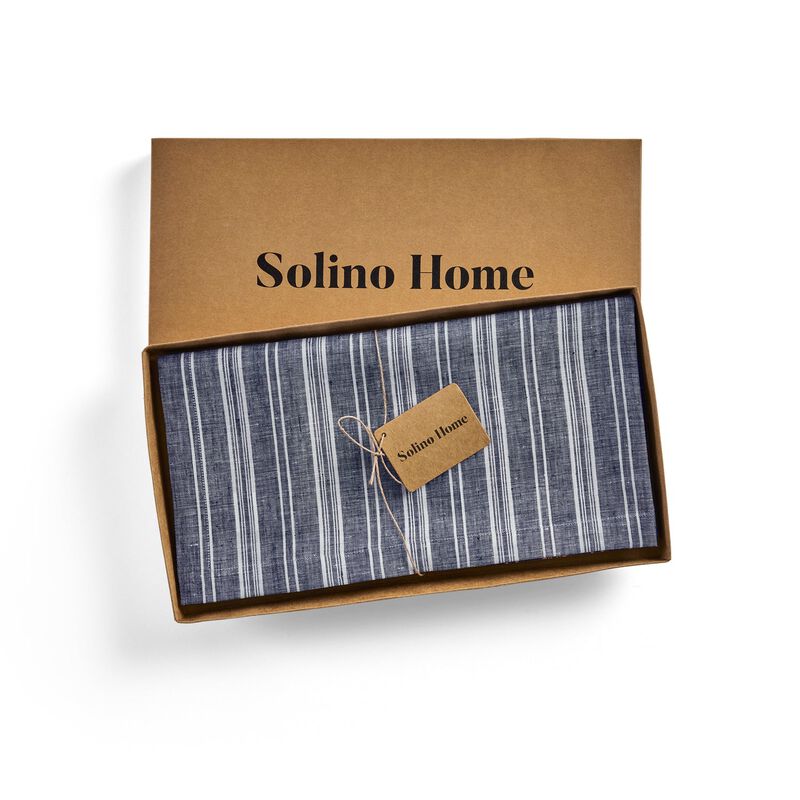 Solino Home 100% Pure Linen Table Throw 52 x 52 Inch | Chelsea Stripe for Thanksgiving, Christmas