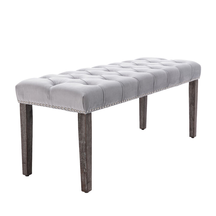 Velvet Tufted Bench Ottoman, Light Gray