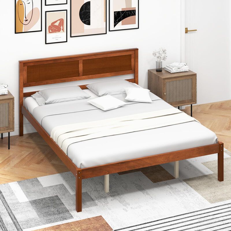 Queen Size Bed Frame with Wooden Headboard and Slat Support-Queen Size