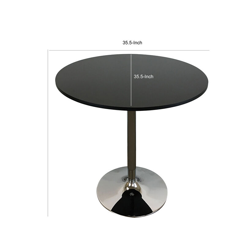 Mari 36 Inch Dining Table, Smooth Black Round Top and Stainless Steel Base - Benzara