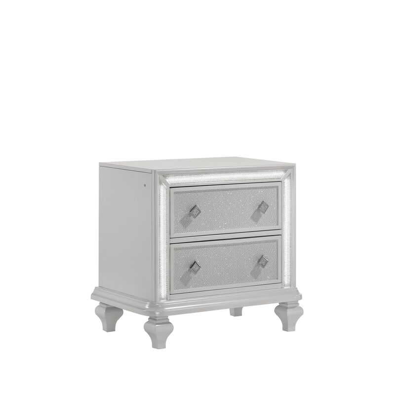 Stacy Nightstand with 2 Drawers and LED Lights, Silver and White Wood - Benzara