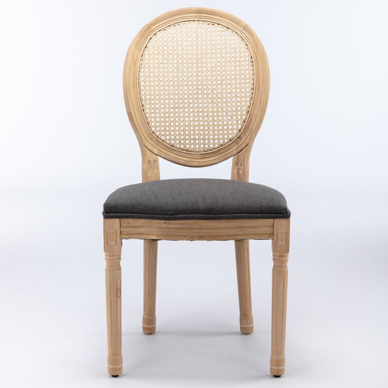 French Style Solid Wood Frame Antique Painting Linen Fabric Rattan Back Dining Chair, Set Of 2, Gray