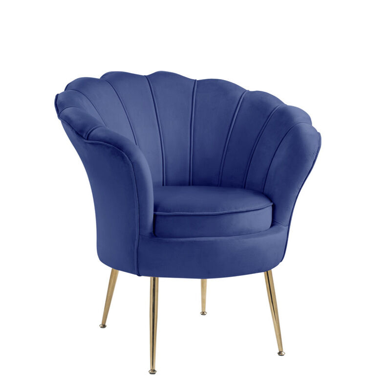 Angelina Blue Velvet Scalloped Back Barrel Accent Chair With Metal Legs
