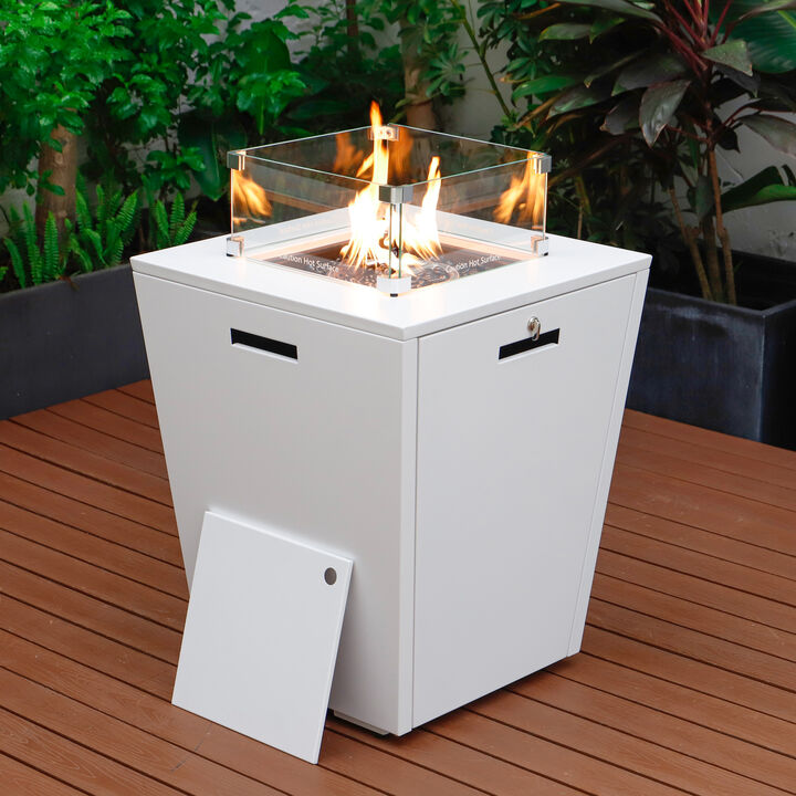 LeisureMod Marlin Modern Aluminum Outdoor Patio Chaise Lounge Chair in White Frame Set of 2 with Square Fire Pit Side Table in White