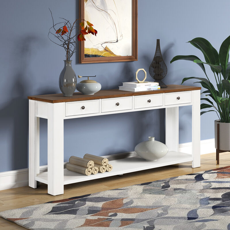 Gewnee Solid Pine Wood Console Table Entryway table with Drawers and Shelves, White
