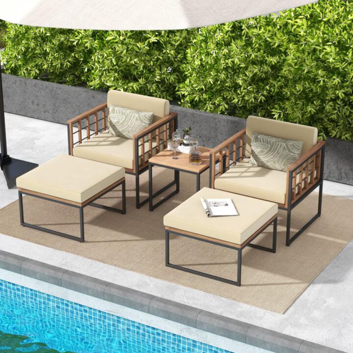 Hivvago 5 Piece Outdoor Furniture Set Acacia Wood Chair Set with Ottomans and Coffee Table
