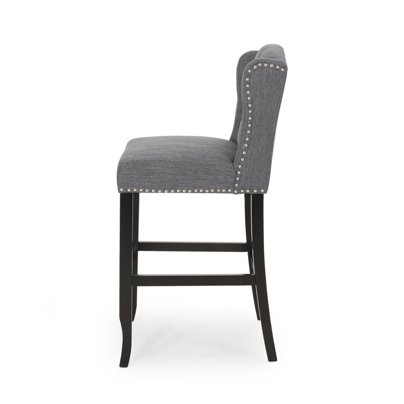 Seliva Barstool Chair Set of 2, Charcoal Gray, Tufted Back, Black Wood - Benzara