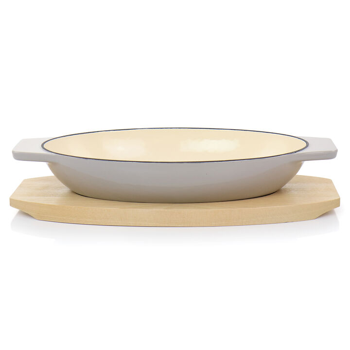 Martha Stewart 2 Piece Enameled Cast Iron Oval Casserole Birch Wood Trivet Set in Taupe